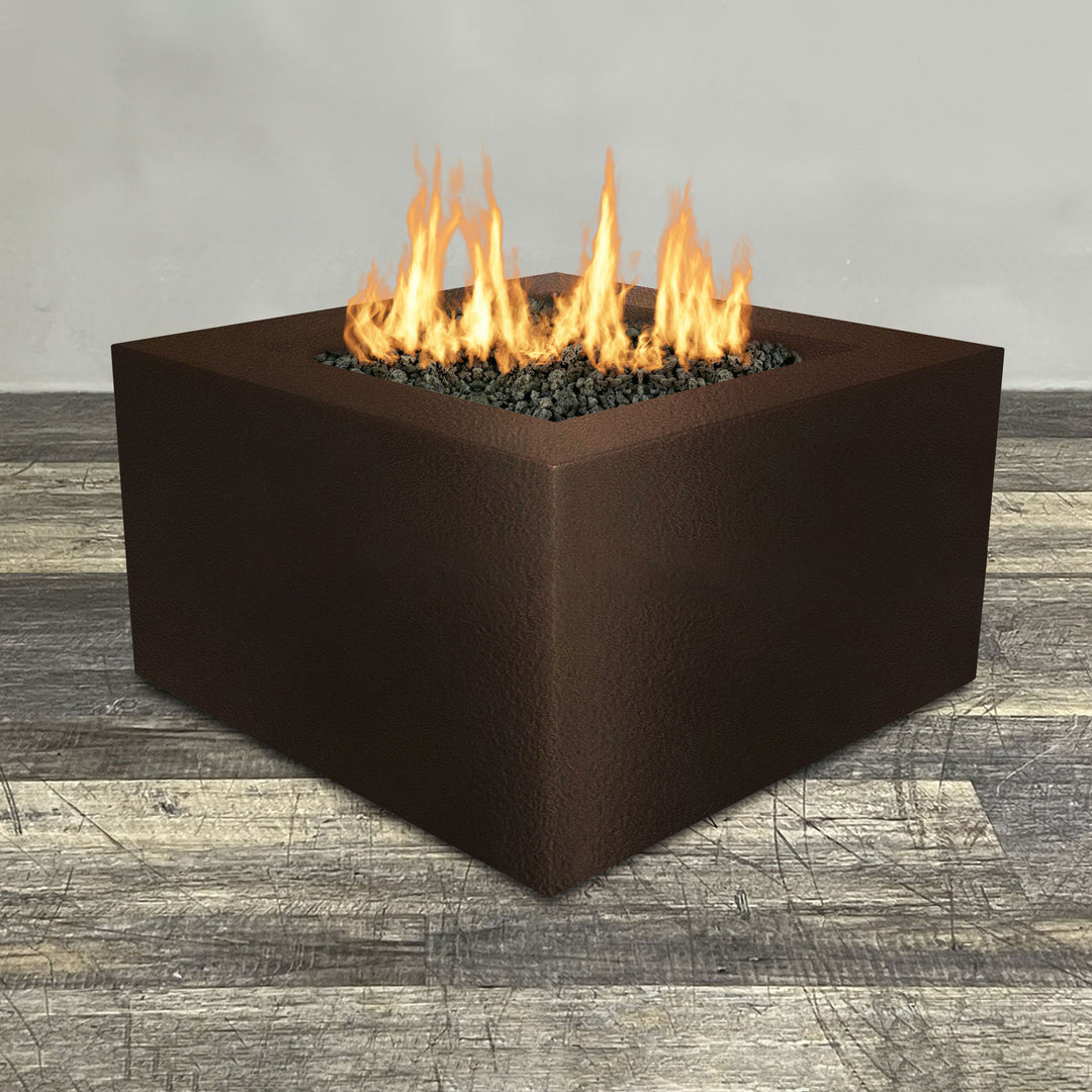 Front view of 45" Square Gravity Powder Coated Steel Fire Pit - Natural Gas - 110V Electronic Ignition System - Bronze Hammertone by Starfire Designs - Brown with flames on, featuring sleek modern concrete design and durable construction, perfect for outdoor patio spaces. Natural gas or propane compatible, enhancing warmth and ambiance. Lava rocks included for added aesthetic.