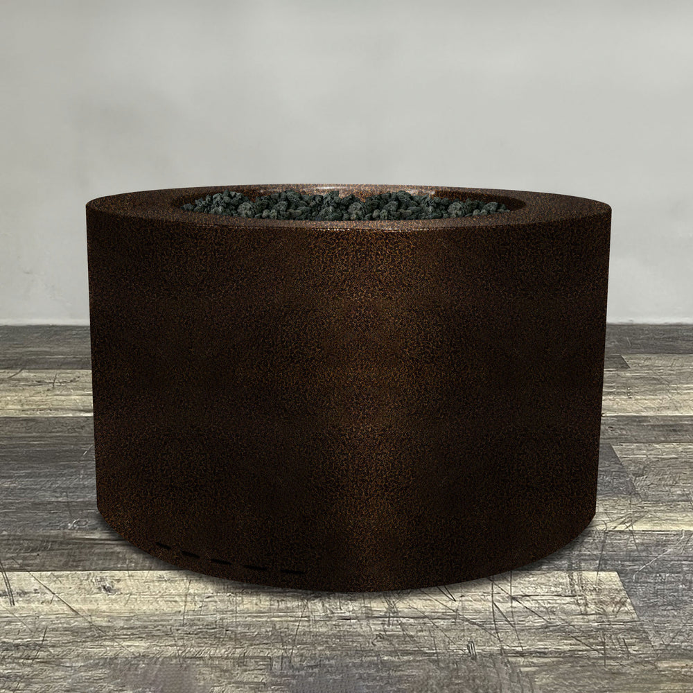 A side view of the 45" Round Gravity Powder Coated Steel Fire Pit - Natural Gas - 110V CSA Hi/Lo Electronic Ignition System w/Bluetooth & Handheld Remote - Copper Vein by Starfire Designs - perfect for outdoor patio spaces. Natural gas or propane compatible, enhancing warmth and ambiance. Lava rocks included for added aesthetic.