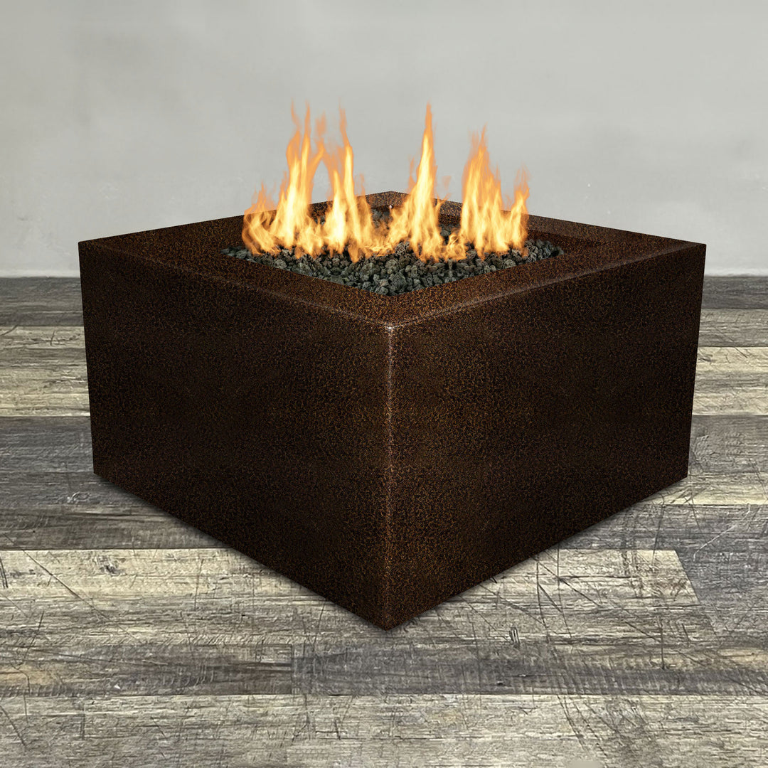 Front view of 45" Square Gravity Powder Coated Steel Fire Pit - Natural Gas - 110V Electronic Ignition System - Copper Vein by Starfire Designs - Brown with flames on, featuring sleek modern concrete design and durable construction, perfect for outdoor patio spaces. Natural gas or propane compatible, enhancing warmth and ambiance. Lava rocks included for added aesthetic.