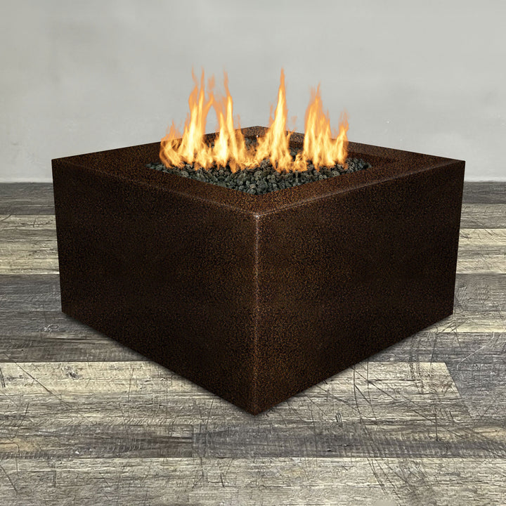 Front view of 45" Square Gravity Powder Coated Steel Fire Pit - Natural Gas - 110V Electronic Ignition System - Copper Vein by Starfire Designs - Brown with flames on, featuring sleek modern concrete design and durable construction, perfect for outdoor patio spaces. Natural gas or propane compatible, enhancing warmth and ambiance. Lava rocks included for added aesthetic.