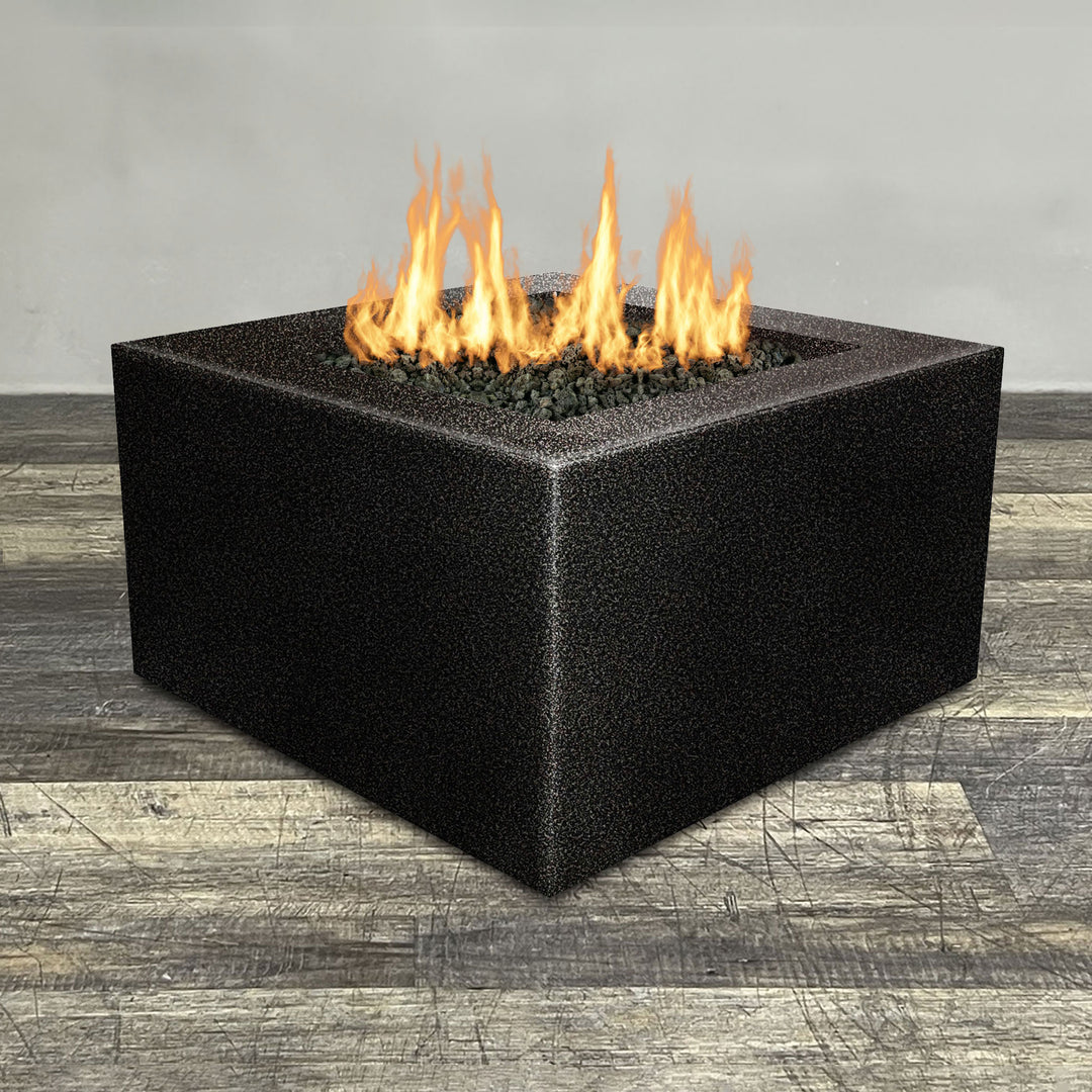 Front view of 45" Square Gravity Powder Coated Steel Fire Pit - Natural Gas - 110V Electronic Ignition System - Silver Vein by Starfire Designs - Brown with flames on, featuring sleek modern concrete design and durable construction, perfect for outdoor patio spaces. Natural gas or propane compatible, enhancing warmth and ambiance. Lava rocks included for added aesthetic.