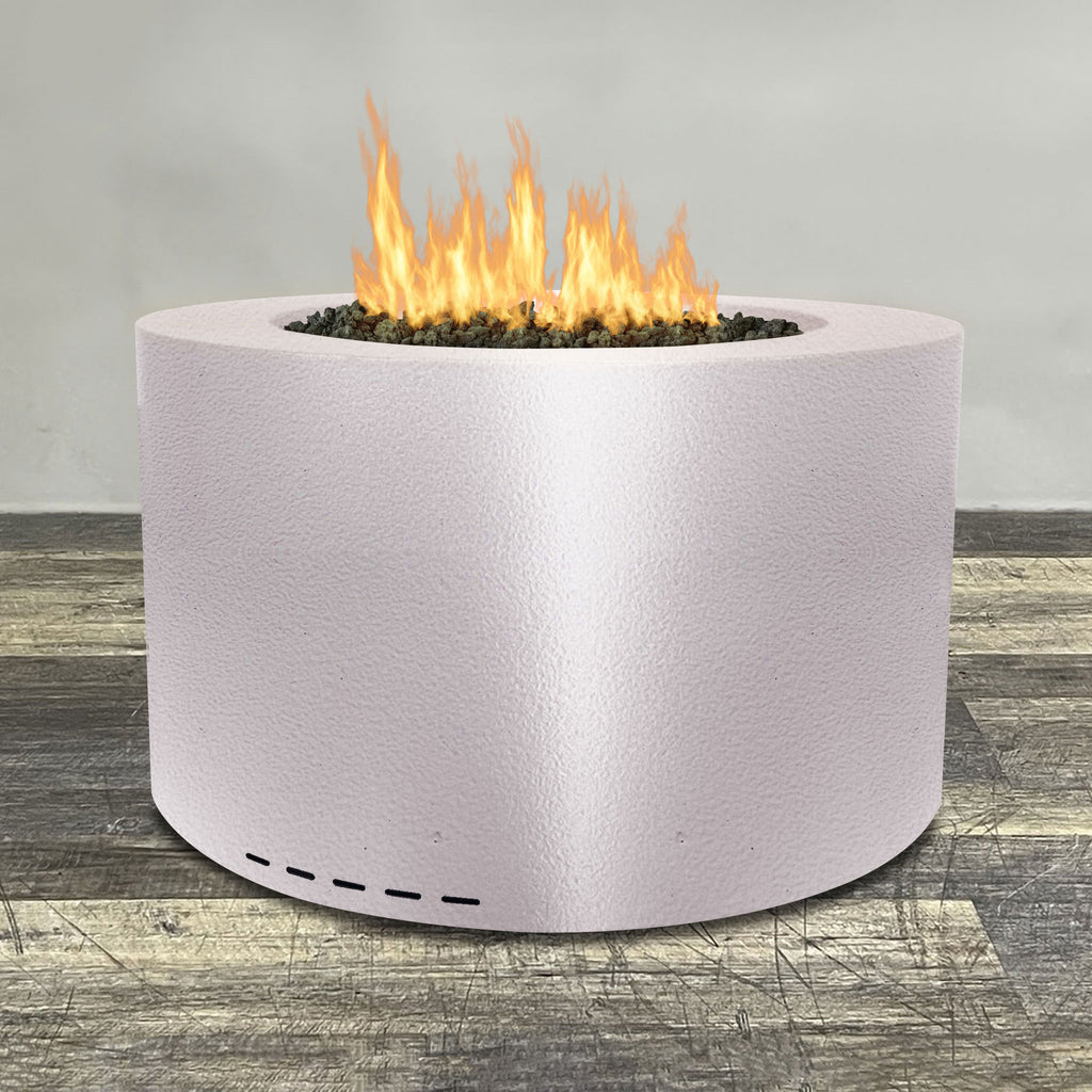 Front view of 45" Round Gravity Powder Coated Steel Fire Pit - Natural Gas - 110V CSA Hi/Lo Electronic Ignition System w/Bluetooth & Handheld Remote - White Hammertone by Starfire Designs - Brown with flames on, featuring sleek modern concrete design and durable construction, perfect for outdoor patio spaces. Natural gas or propane compatible, enhancing warmth and ambiance. Lava rocks included for added aesthetic.