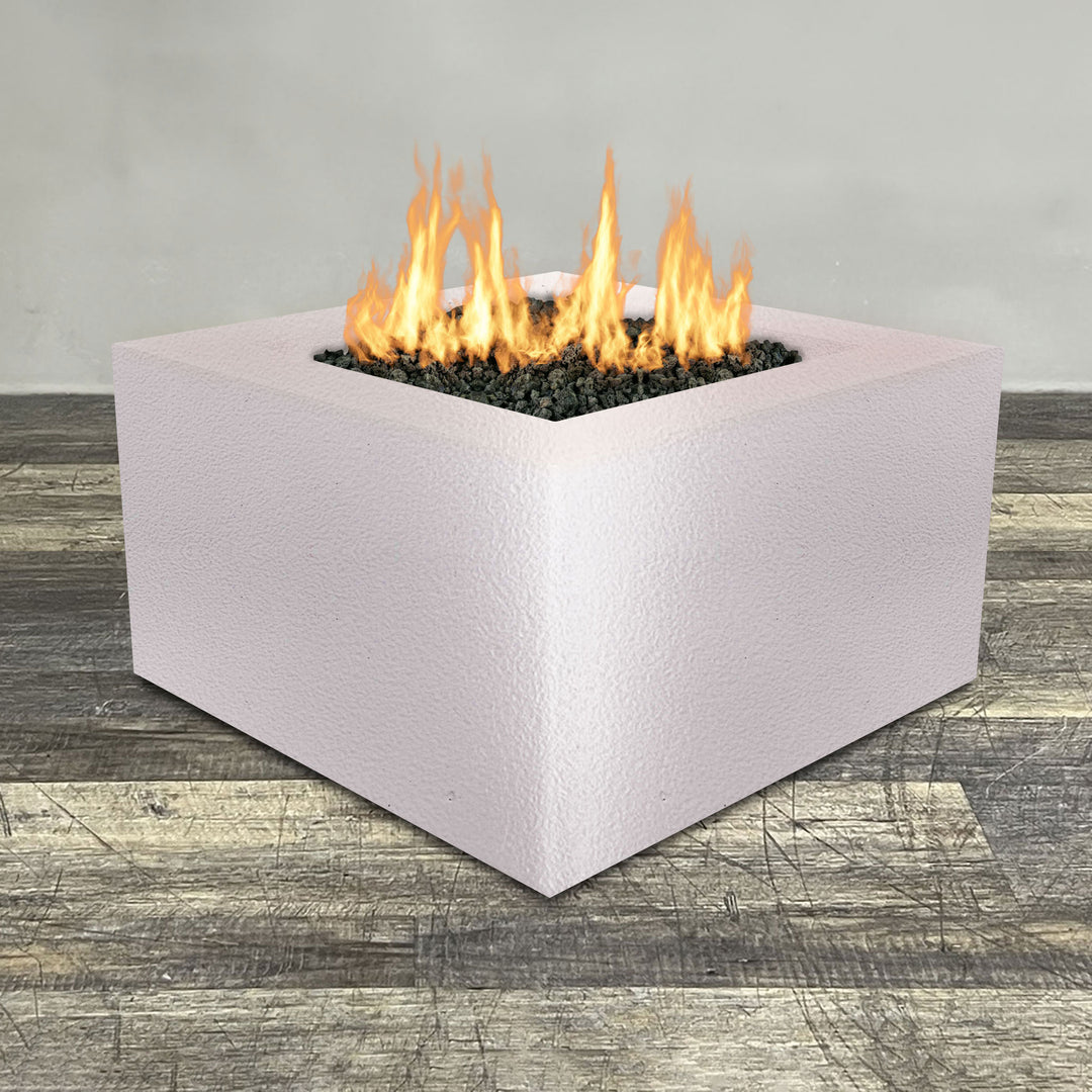 Front view of 45" Square Gravity Powder Coated Steel Fire Pit - Natural Gas - 110V Electronic Ignition System - White Hammertone by Starfire Designs - Brown with flames on, featuring sleek modern concrete design and durable construction, perfect for outdoor patio spaces. Natural gas or propane compatible, enhancing warmth and ambiance. Lava rocks included for added aesthetic.