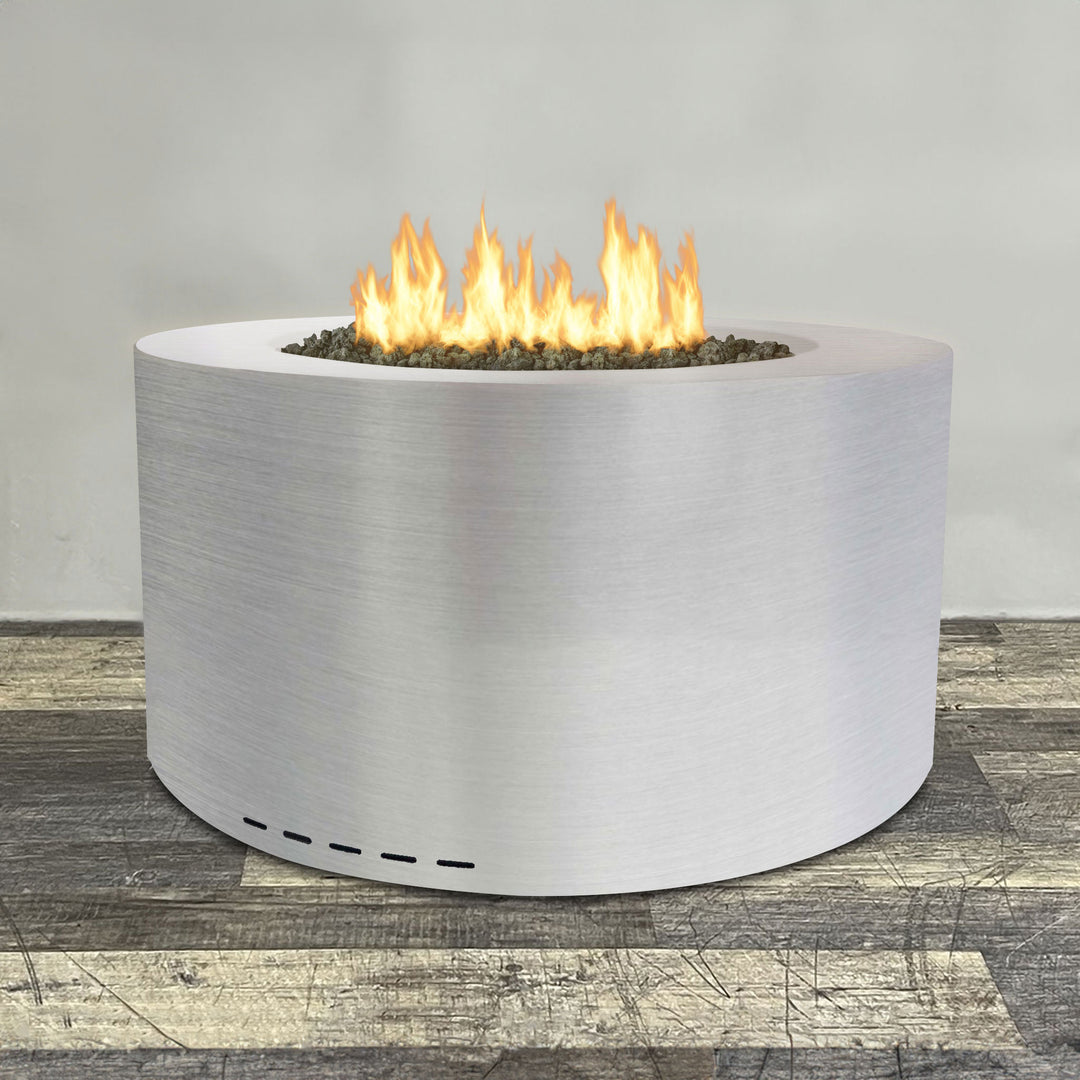 Front view of 45" Round Gravity Stainless Steel Fire Pit by Starfire Designs - Brown with flames on, featuring sleek modern  design and durable construction, perfect for outdoor patio spaces. Natural gas or propane compatible, enhancing warmth and ambiance. Lava rocks included for added aesthetic.
