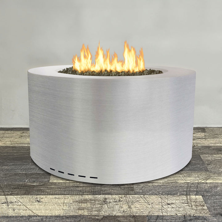 Front view of 45" Round Gravity Stainless Steel Fire Pit by Starfire Designs - Brown with flames on, featuring sleek modern  design and durable construction, perfect for outdoor patio spaces. Natural gas or propane compatible, enhancing warmth and ambiance. Lava rocks included for added aesthetic.
