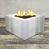 Front view of 45" Square Gravity Stainless Steel Fire Pit by Starfire Designs - Brown with flames on, featuring sleek modern  design and durable construction, perfect for outdoor patio spaces. Natural gas or propane compatible, enhancing warmth and ambiance. Lava rocks included for added aesthetic.