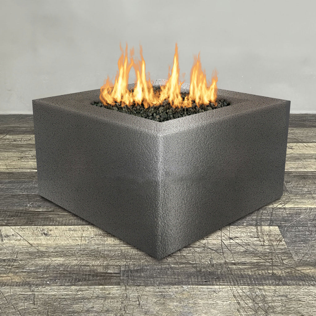 Front view of 45" Square Gravity Powder Coated Steel Fire Pit - Natural Gas - 110V Electronic Ignition System - Silver Hammertone by Starfire Designs - Brown with flames on, featuring sleek modern concrete design and durable construction, perfect for outdoor patio spaces. Natural gas or propane compatible, enhancing warmth and ambiance. Lava rocks included for added aesthetic.