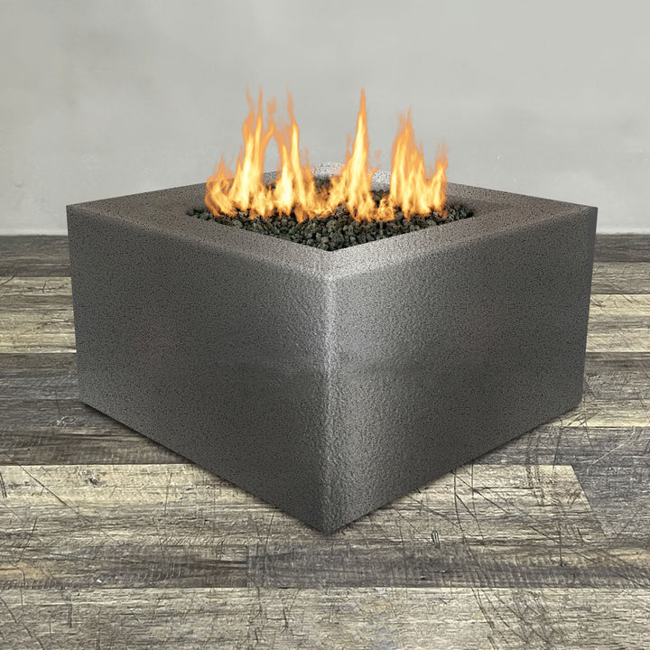 Front view of 45" Square Gravity Powder Coated Steel Fire Pit - Natural Gas - 110V Electronic Ignition System - Silver Hammertone by Starfire Designs - Brown with flames on, featuring sleek modern concrete design and durable construction, perfect for outdoor patio spaces. Natural gas or propane compatible, enhancing warmth and ambiance. Lava rocks included for added aesthetic.