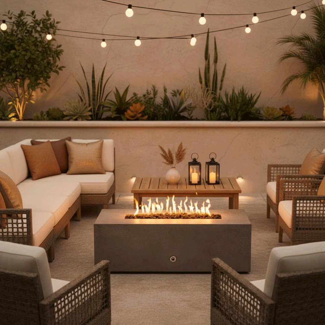A brown rectangular fire pit sits in a walled courtyard illuminated by warm string lights overhead. A sectional sofa and wooden coffee table surround the unit, creating an intimate setting for outdoor entertaining. The steady flame of the brown fire pit complements the surrounding succulents and desert-style landscaping, establishing a cozy backyard fire pit atmosphere for evening relaxation.