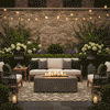 A traditional garden setting features a brown outdoor fire pit placed on a patterned rug in front of a rustic brick wall. Hydrangeas and lush greenery surround the sofa and armchairs, framing the rectangular fire table. Steady flames rise from the gas fire pit, providing a warm focal point for this elegant patio fire pit arrangement.