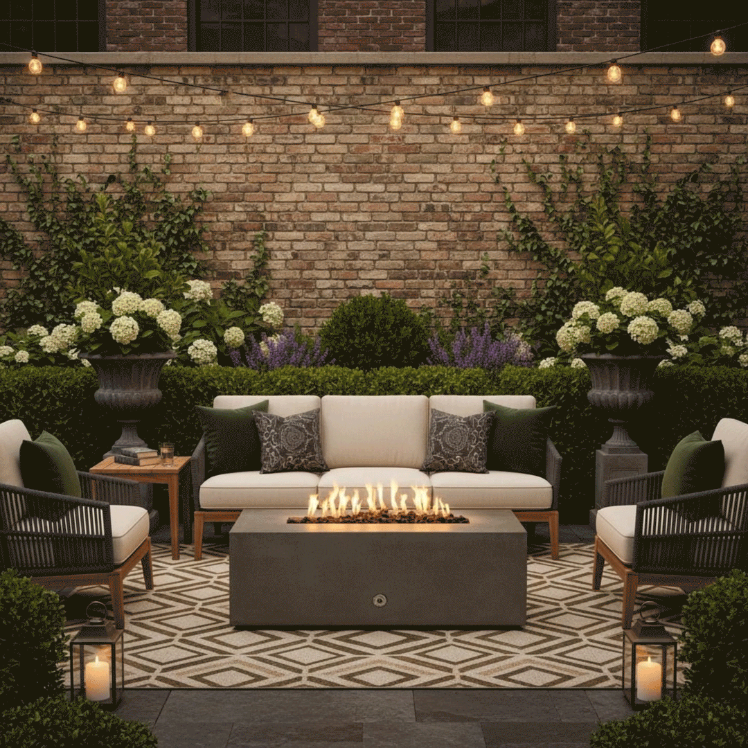 A traditional garden setting features a brown outdoor fire pit placed on a patterned rug in front of a rustic brick wall. Hydrangeas and lush greenery surround the sofa and armchairs, framing the rectangular fire table. Steady flames rise from the gas fire pit, providing a warm focal point for this elegant patio fire pit arrangement.
