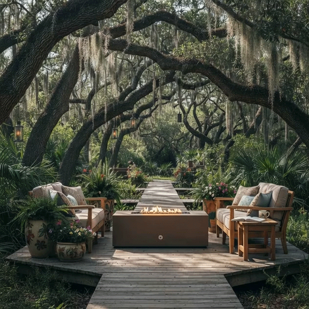 On a raised wooden boardwalk winding through dense greenery, a brown concrete fire pit glows in a long central channel between cushioned wooden loveseats and potted ferns, moss-draped tree branches arching overhead with lanterns hanging among the leaves, the outdoor fire pit turning this tucked-away platform into a lush backyard oasis that reads as a cozy backyard fire pit nook hidden in the woods.