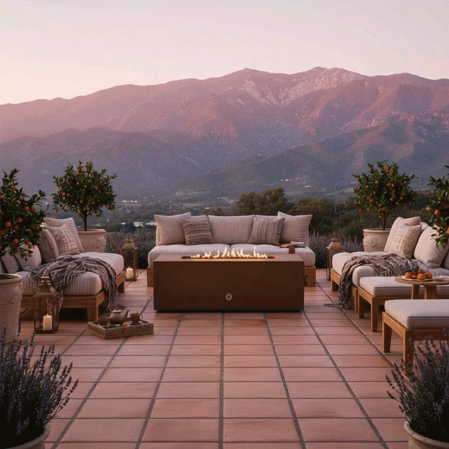 At sunset on a terra-cotta tiled terrace facing distant mountains, a brown concrete fire pit burns in a long narrow channel between low cushioned benches and stools, potted orange trees and lavender framing the edges, lanterns glowing softly on the ground, and the patio seating grouped symmetrically around this central focal point so the scene reads as a warm, Mediterranean-inspired luxury fire pit setting for open-air outdoor entertaining.