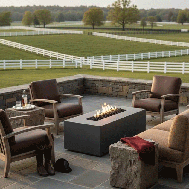 On a raised stone terrace overlooking rolling green pastures and white fences, a graphite concrete fire pit flickers in a narrow bed of lava rocks between leather armchairs and a tan sofa, riding boots and a helmet resting near rough stone side tables, the outdoor fire pit forming a central rectangle of flame that suggests a relaxed family gathering fire pit where people can unwind after time spent on the surrounding ranch.