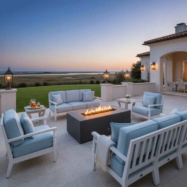 At sunset on a light stone patio beside a coastal-style home, a graphite concrete fire pit burns in a straight row of flames surrounded by white-framed sofas and chairs with soft blue cushions, lanterns glowing on the low walls, the patio fire pit centered in the seating group and helping define this open-air lounge as a refined backyard oasis that feels like a private luxury fire pit retreat facing the water.