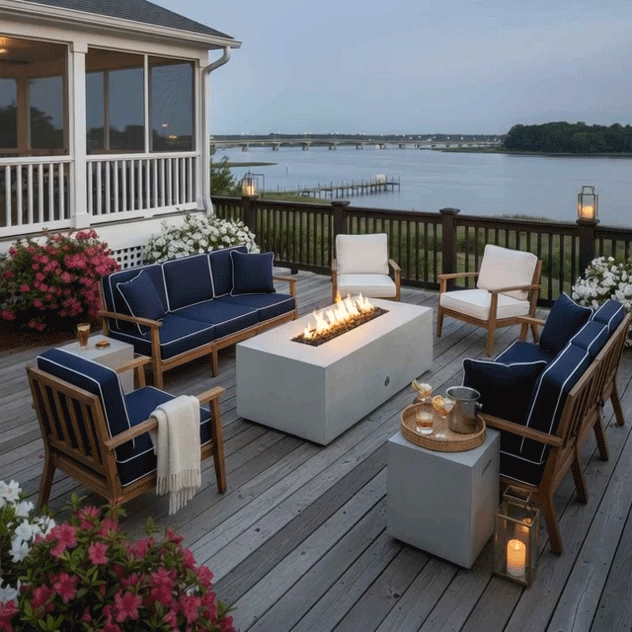 On a waterfront deck at dusk, a white concrete fire pit burns in a straight line of flames between navy-cushioned wooden sofas and chairs, lanterns glowing on the railing, flowering shrubs framing the scene, and calm water stretching toward a distant bridge, the outdoor seating arranged around this concrete fire pit so the group forms a circle, giving the space the relaxed feel of an outdoor fire pit gathering in a soft backyard oasis setting for outdoor entertaining.