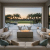 In a wide open indoor–outdoor lounge facing a palm-lined pool and golf course at sunset, a white concrete fire pit glows in a narrow central channel between low white sectionals and lounge chairs, small lanterns and side tables spaced evenly around, and the GIF highlights how this concrete fire pit doubles as a broad fire table, anchoring the seating in a symmetrical layout that visually reads as a calm, upscale modern luxury fire pit environment.