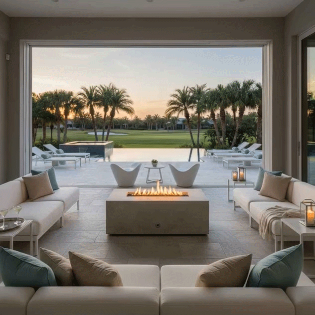 In a wide open indoor–outdoor lounge facing a palm-lined pool and golf course at sunset, a white concrete fire pit glows in a narrow central channel between low white sectionals and lounge chairs, small lanterns and side tables spaced evenly around, and the GIF highlights how this concrete fire pit doubles as a broad fire table, anchoring the seating in a symmetrical layout that visually reads as a calm, upscale modern luxury fire pit environment.