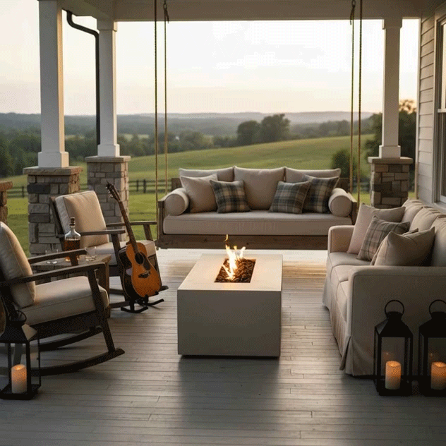 On a covered farmhouse-style porch overlooking rolling fields, a white concrete fire pit flickers in a slim opening between cushioned sofas, a wooden rocking chair, lanterns on the floor, and a rope-hung daybed with plaid pillows, guitar resting nearby, the warm light from the concrete fire pit centering the furniture so the porch feels like a cozy backyard fire pit scene designed for relaxed family gathering fire pit moments and informal outdoor entertaining.