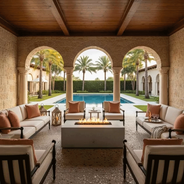 Beneath a wood ceiling and stone arches framing views of a palm-lined pool, a light gray concrete fire pit flickers with a slim ribbon of flames at the center of matching white cushioned sofas and armchairs, lanterns and drinks set on nearby tables, the modern fire pit doubling as a low fire table that anchors this sheltered lounge and highlights the space as a refined luxury fire pit setting for outdoor entertaining.