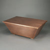 48 x 32-inch square copper tabletop featuring a hammered texture with a matching protective lid. This copper tabletop is designed for outdoor fire pit tables, providing both durability and aesthetic appeal. Ideal for backyard fire pits, large outdoor fire bowls, and patio setups, its natural copper finish adds a luxurious touch while protecting your fire pit area