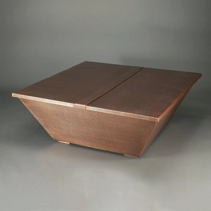 48 x 48-inch square copper tabletop featuring a hammered copper finish with a protective lid, perfect for outdoor fire pits or large backyard setups. This durable copper tabletop is ideal for both residential and commercial fire pit tables, offering a luxurious and rustic aesthetic to outdoor fire bowls and patio fire pit setups. The natural copper material ensures longevity and weather resistance