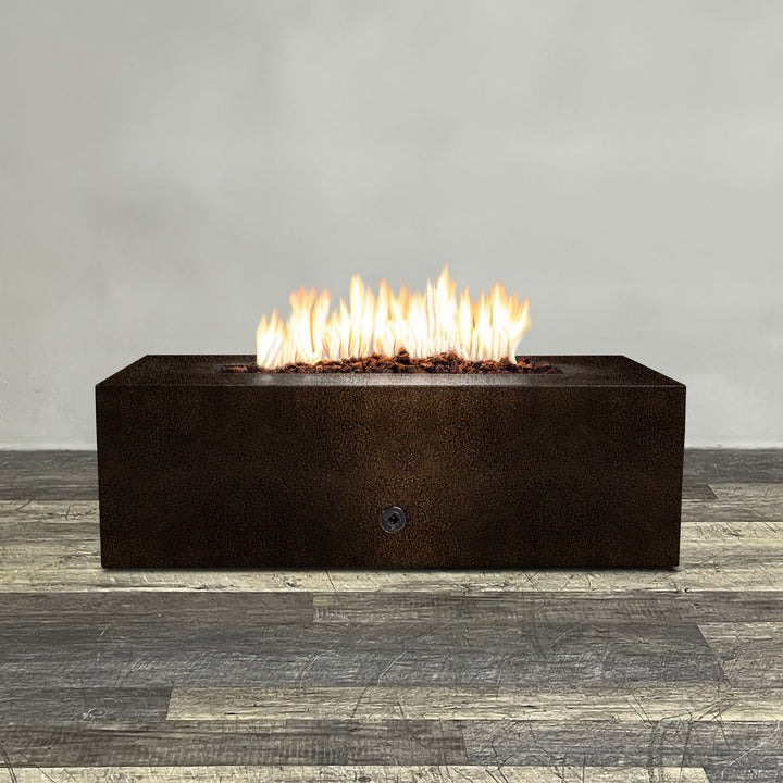 Front view of 48" x 24" Rectangle Gravity Powder Coated Steel Fire Pit - Propane Gas Hardline - Flame Sense with Spark Ignition System - Copper Vein by Starfire Designs - Brown with flames on, featuring sleek modern concrete design and durable construction, perfect for outdoor patio spaces. Natural gas or propane compatible, enhancing warmth and ambiance. Lava rocks included for added aesthetic.