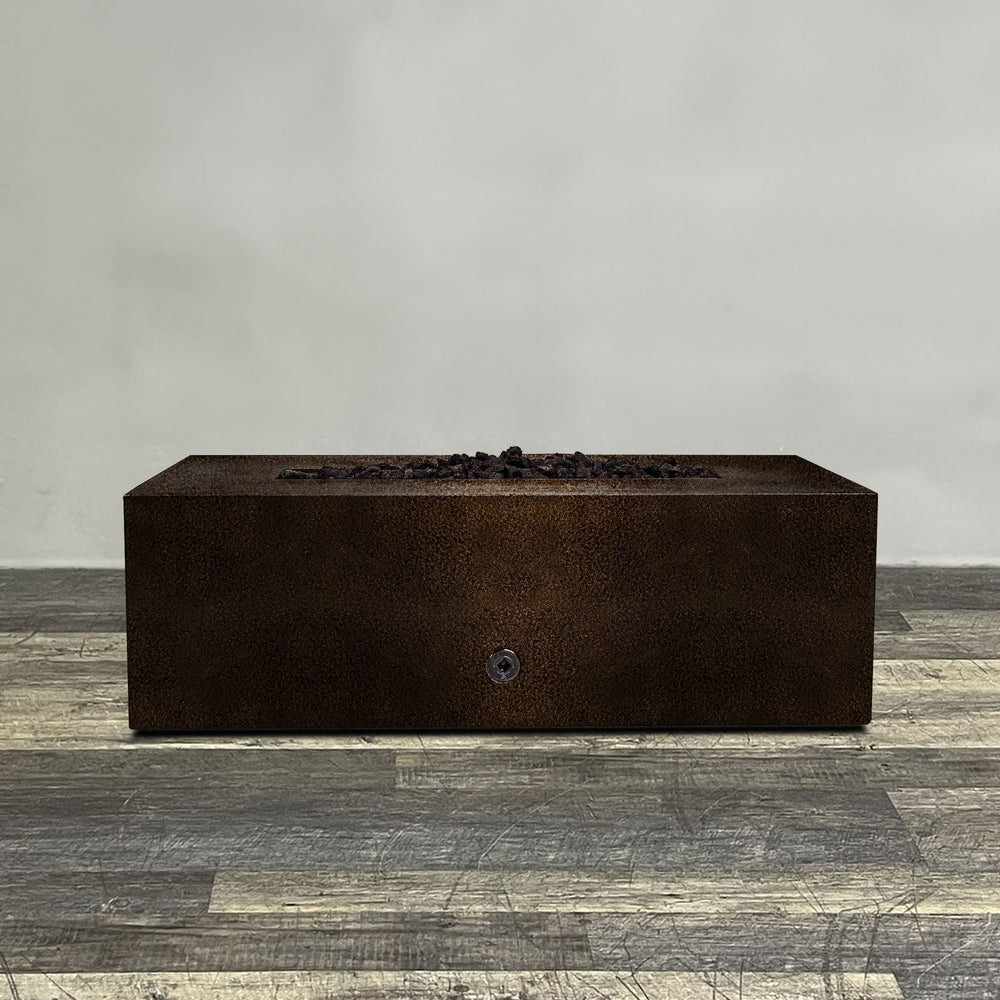 A side view of the 48" x 24" Rectangle Gravity Powder Coated Steel Fire Pit - Propane Gas Hardline - Flame Sense with Spark Ignition System - Copper Vein by Starfire Designs - perfect for outdoor patio spaces. Natural gas or propane compatible, enhancing warmth and ambiance. Lava rocks included for added aesthetic.