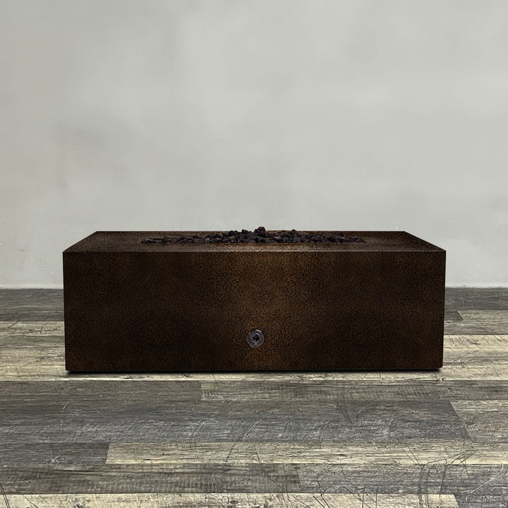 A side view of the 48" x 24" Rectangle Gravity Powder Coated Steel Fire Pit - Propane Gas Hardline - Flame Sense with Spark Ignition System - Copper Vein by Starfire Designs - perfect for outdoor patio spaces. Natural gas or propane compatible, enhancing warmth and ambiance. Lava rocks included for added aesthetic.