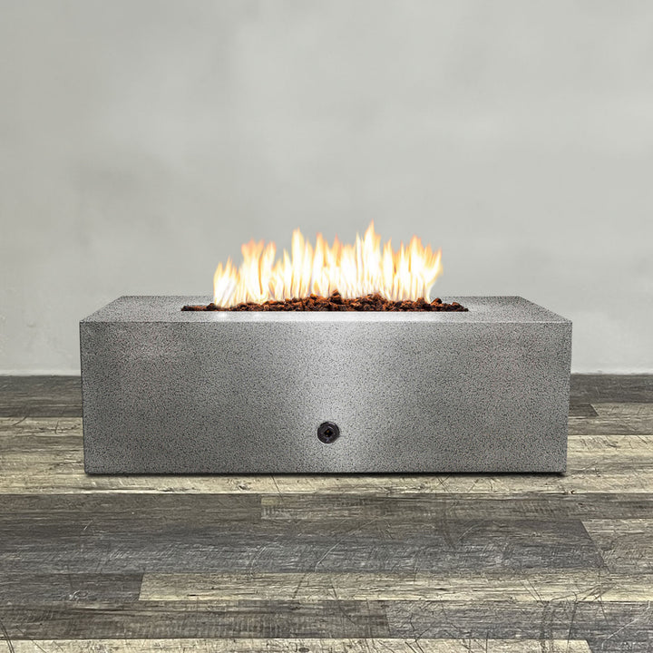 Front view of 48" x 24" Rectangle Gravity Powder Coated Steel Fire Pit - Propane Gas Hardline - Push Button Spark Ignition - Silver Hammertone by Starfire Designs - Brown with flames on, featuring sleek modern concrete design and durable construction, perfect for outdoor patio spaces. Natural gas or propane compatible, enhancing warmth and ambiance. Lava rocks included for added aesthetic.