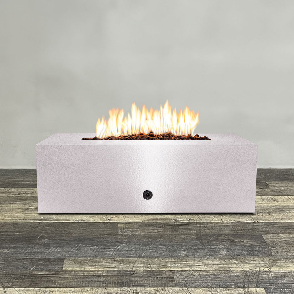 Front view of 48" x 24" Rectangle Gravity Powder Coated Steel Fire Pit - Propane Gas Hardline - 110V CSA Hi/Lo Electronic Ignition System w/Bluetooth & Handheld Remote - White Hammertone by Starfire Designs - Brown with flames on, featuring sleek modern concrete design and durable construction, perfect for outdoor patio spaces. Natural gas or propane compatible, enhancing warmth and ambiance. Lava rocks included for added aesthetic.