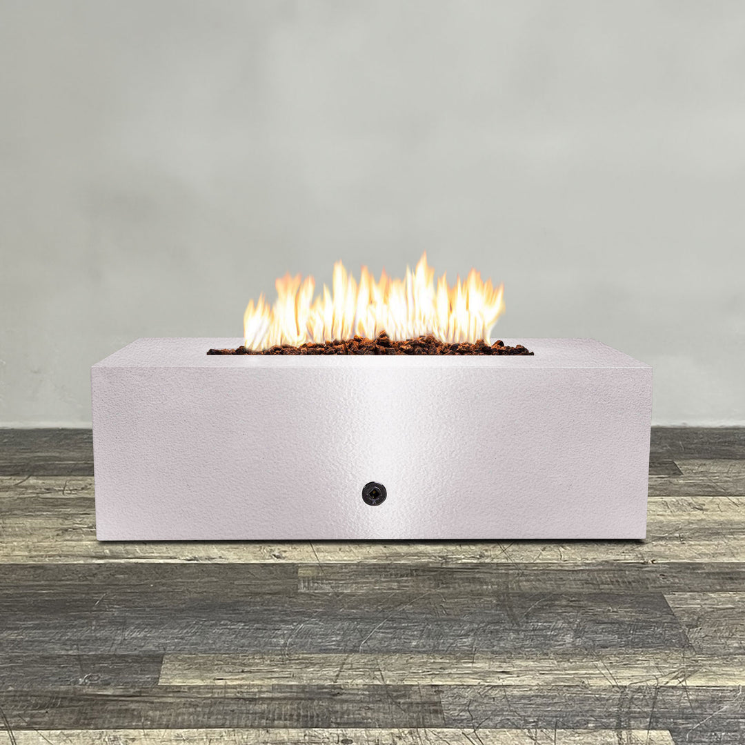 Front view of 48" x 24" Rectangle Gravity Powder Coated Steel Fire Pit - Propane Gas Hardline - 110V CSA Hi/Lo Electronic Ignition System w/Bluetooth & Handheld Remote - White Hammertone by Starfire Designs - Brown with flames on, featuring sleek modern concrete design and durable construction, perfect for outdoor patio spaces. Natural gas or propane compatible, enhancing warmth and ambiance. Lava rocks included for added aesthetic.