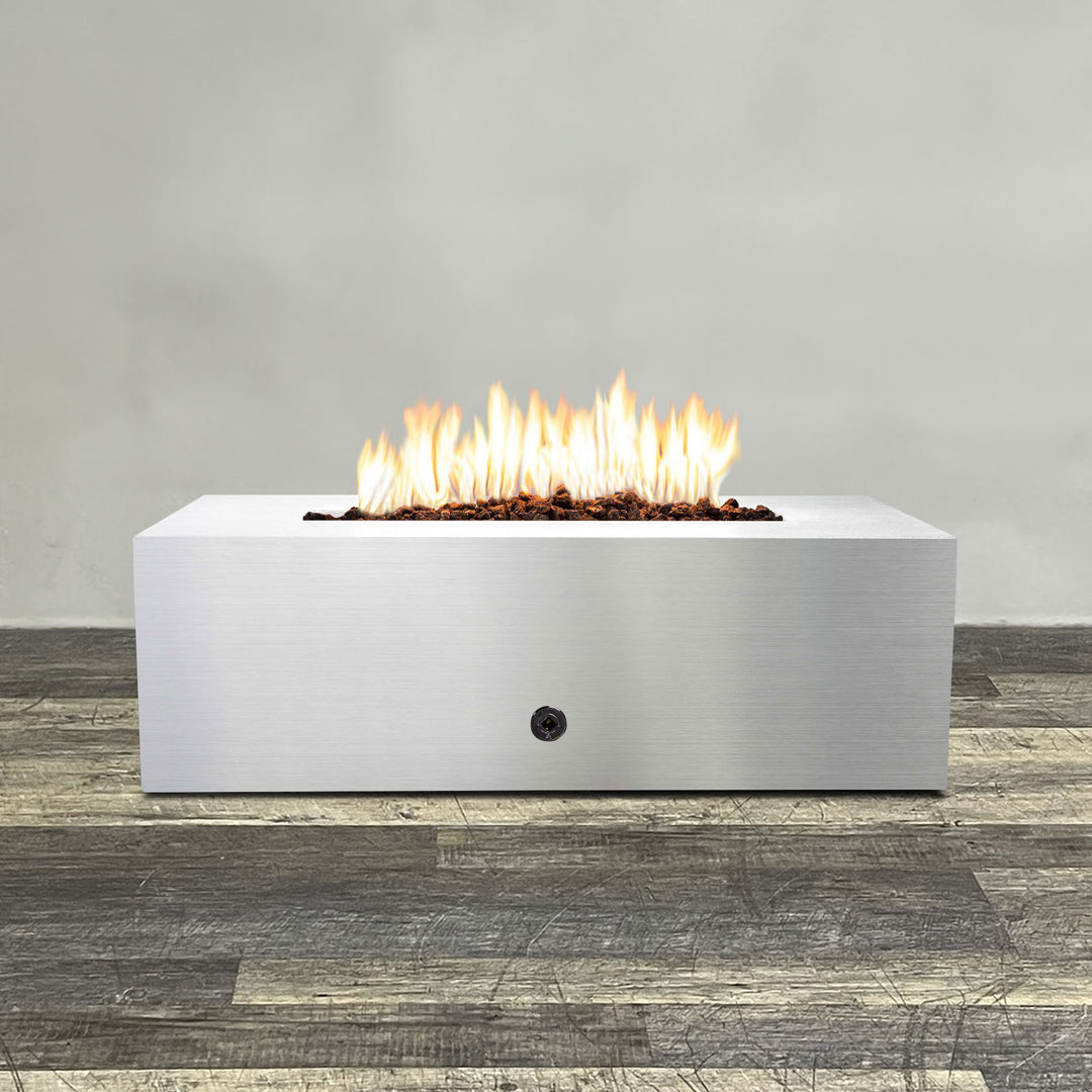 Front view of 48" x 24" Rectangle Gravity Stainless Steel Fire Pit by Starfire Designs - Brown with flames on, featuring sleek modern  design and durable construction, perfect for outdoor patio spaces. Natural gas or propane compatible, enhancing warmth and ambiance. Lava rocks included for added aesthetic.