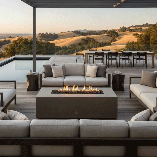 A spacious wooden deck overlooks a rolling hillside vineyard at sunset, featuring a brown rectangular fire pit as the centerpiece. Surrounded by sofas and a dining area, the unit creates a warm family gathering fire pit atmosphere. The steady flames of the propane fire pit enhance the scenic backyard oasis, perfect for outdoor living and relaxation.