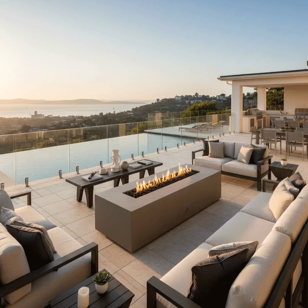 A brown luxury fire pit sits on a tiled terrace next to an infinity pool, overlooking the ocean at sunset. Surrounded by cushioned sofas, the modern fire pit anchors the outdoor lounge area. The clean-burning flames illustrate the benefits of a smokeless fire pit, providing warmth and style for this sophisticated patio fire pit arrangement.