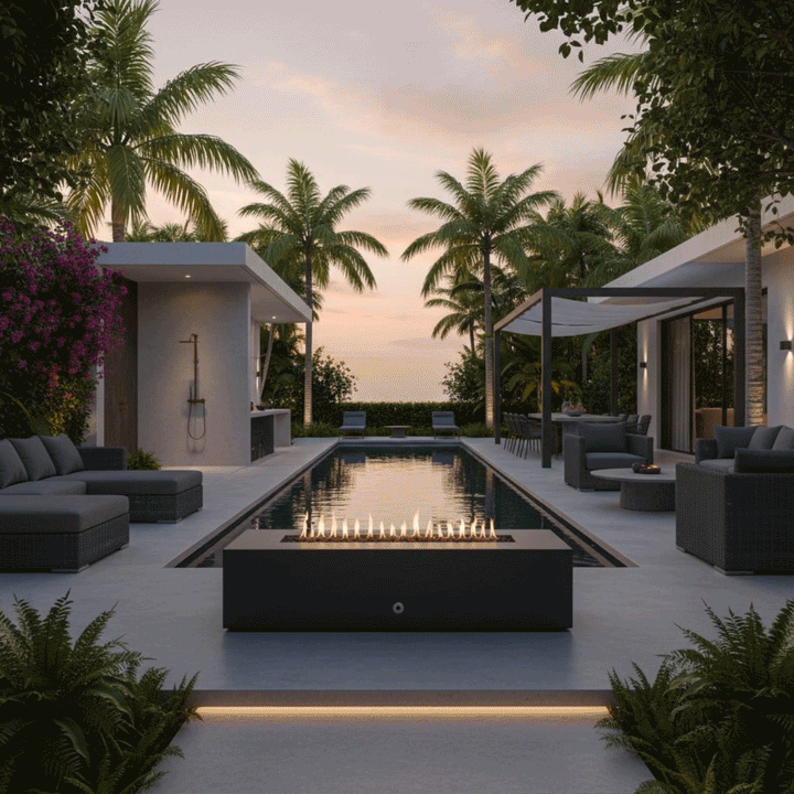A graphite luxury fire pit anchors a tropical poolside patio at sunset. Surrounded by cushioned sofas and armchairs, the unit overlooks a swimming pool and cabana, creating an inviting space for outdoor entertaining. The warm glow of the propane fire pit enhances the serene atmosphere, serving as a sophisticated patio fire pit centerpiece.