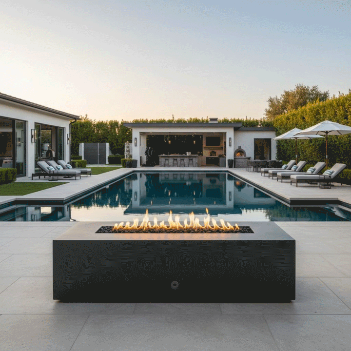 A covered poolside cabana features a graphite modern fire pit surrounded by lounge chairs and an outdoor kitchen. The clean-burning flames illustrate the benefits of a smokeless fire pit, providing warmth without obstructing the view of the pool. This fire table setup creates a cozy family gathering fire pit ambiance in a luxurious outdoor setting.