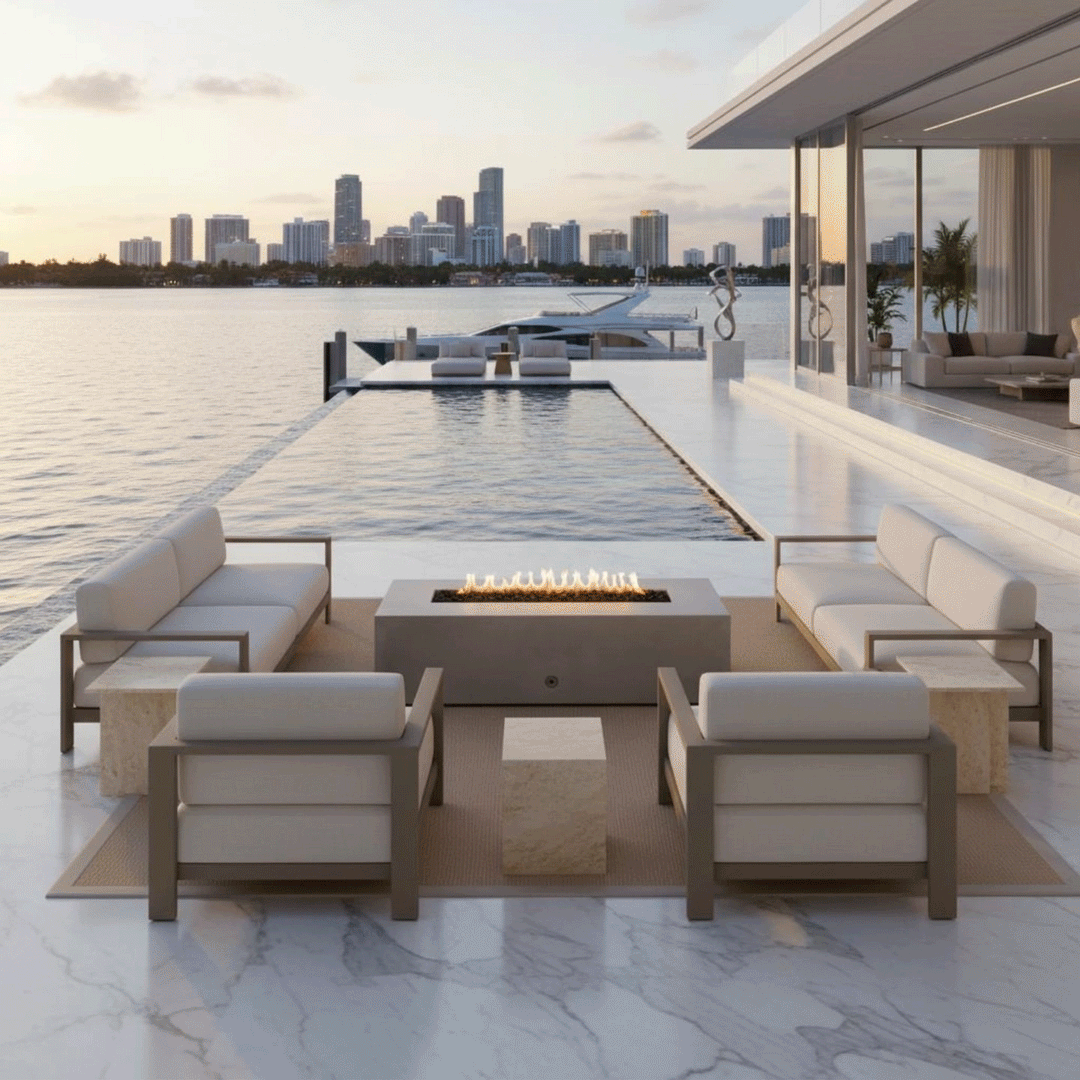 A sleek waterfront terrace features a gray modern fire pit sitting on a rug between two white sofas. The scene overlooks an infinity pool and city skyline at sunset, highlighting the clean lines of the fire feature. The bright, clean flames demonstrate the benefits of a smokeless fire pit, with the gas fire pit adding warmth to the contemporary outdoor lounge.