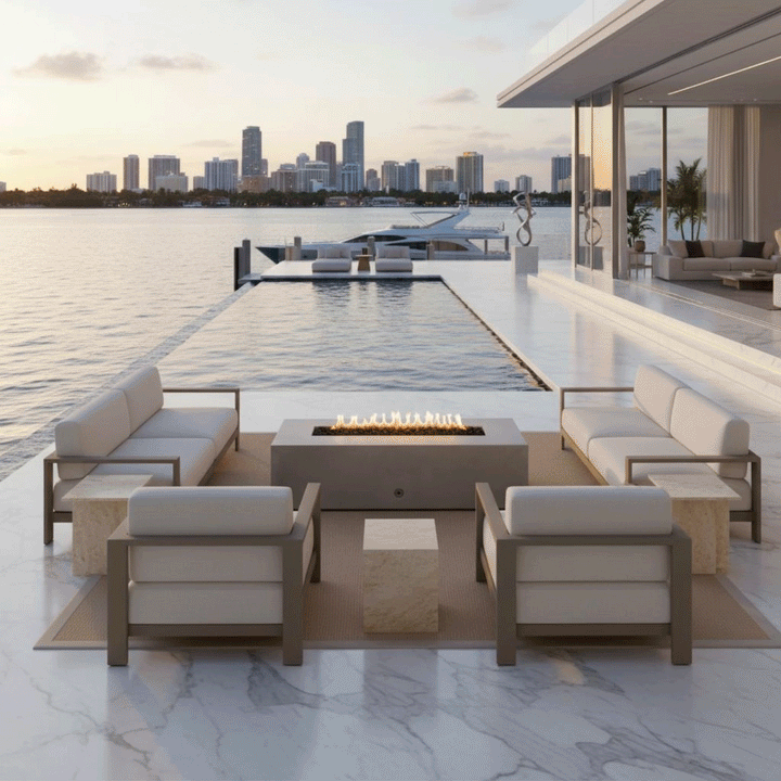 A sleek waterfront terrace features a gray modern fire pit sitting on a rug between two white sofas. The scene overlooks an infinity pool and city skyline at sunset, highlighting the clean lines of the fire feature. The bright, clean flames demonstrate the benefits of a smokeless fire pit, with the gas fire pit adding warmth to the contemporary outdoor lounge.