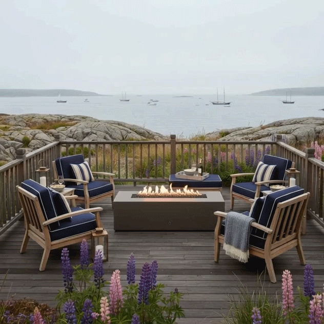 On a coastal deck overlooking calm water dotted with sailboats, a rectangular concrete fire pit flickers with a steady line of flames at the center of four navy cushioned lounge chairs, the outdoor fire pit set on gray decking behind a wooden railing and surrounded by purple and pink flowers, forming a relaxed backyard oasis as the GIF loops, with the concrete fire pit doubling as a low table for drinks and snacks during casual outdoor entertaining.
