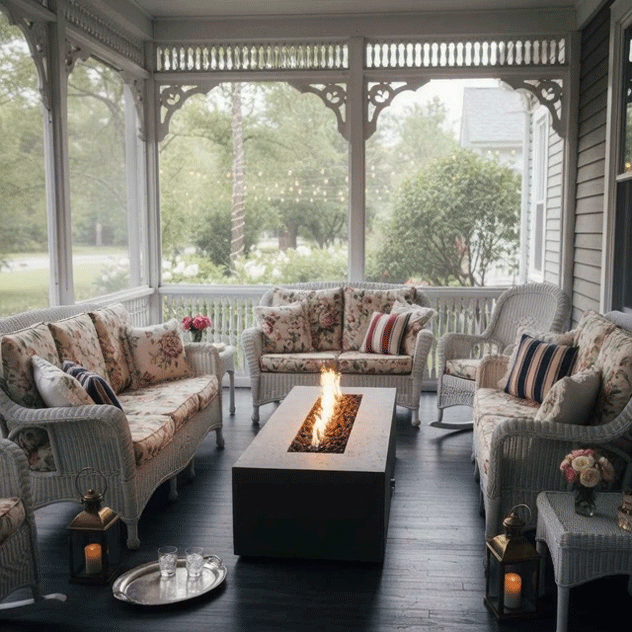 On a screened porch with ornate trim and views of a green yard, a rectangular concrete fire pit glows with a vertical ribbon of flames between white wicker sofas and armchairs covered in floral cushions and striped pillows, the cozy backyard fire pit acting as a low table holding drinks while lanterns, string lights, and a serving tray suggest a relaxed family gathering fire pit scene as the GIF loops through the gentle movement of the flame.
