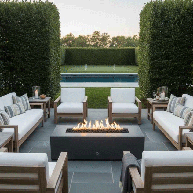 In a neatly trimmed courtyard framed by tall hedges, a graphite concrete fire pit burns at the center of white-cushioned lounge chairs, its narrow rectangular opening packed with lava rocks and a steady line of flame while a turquoise pool glows in the background, turning this concrete piece into an inviting outdoor fire pit and rectangular fire pit focal point for relaxed outdoor entertaining in a private garden setting.