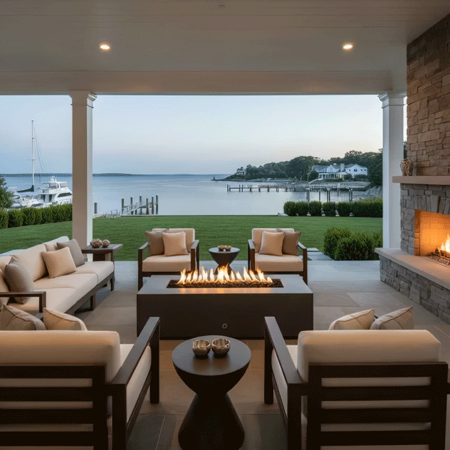 A covered porch overlooks a calm bay at twilight, featuring a graphite patio fire pit surrounded by cushioned armchairs. The steady flames of the fire feature reflect on the stone floor, creating a cozy backyard fire pit atmosphere. This propane fire pit setup provides warmth and a focal point for evening relaxation by the water.