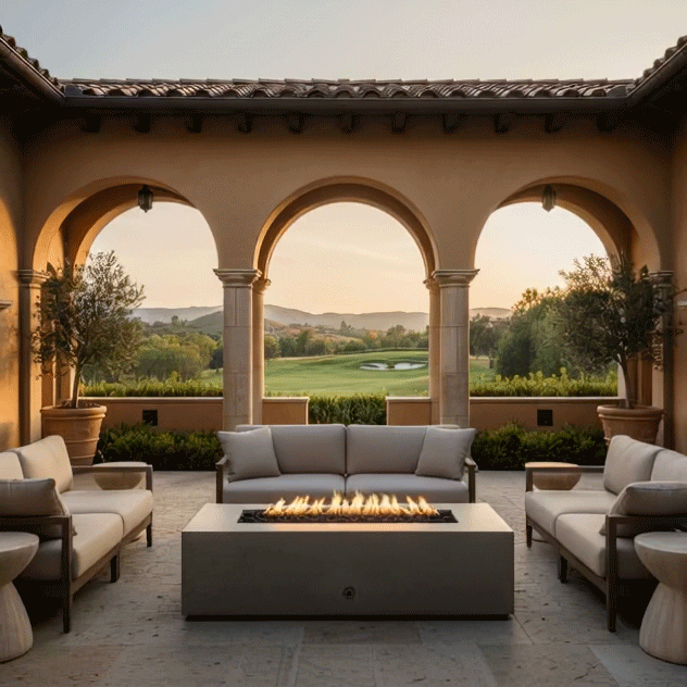 An elegant Spanish-style courtyard features a gray luxury fire pit surrounded by cushioned sofas. Stone arches frame a view of a rolling golf course at sunset, creating a sophisticated outdoor entertaining space. The steady flames of the patio fire pit provide warmth and ambiance, with the propane fire pit serving as the central anchor for the gathering area.