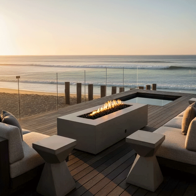 A modern fire pit with a rectangular gray profile sits on a wooden deck next to a small pool, overlooking the ocean at sunset. The setting features a glass railing and sandy beach, creating a tranquil backyard oasis. The bright, steady flames of the fire feature enhance the coastal atmosphere, utilizing a gas fire pit for effortless enjoyment.