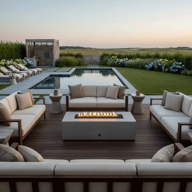 A spacious wooden deck features a gray outdoor fire pit surrounded by sofas and armchairs. The setting overlooks a swimming pool and coastal dunes at twilight, creating a perfect family gathering fire pit area. The clean-burning flames of the smokeless fire pit provide warmth without obstructing the view, with the fire table serving as a functional centerpiece.