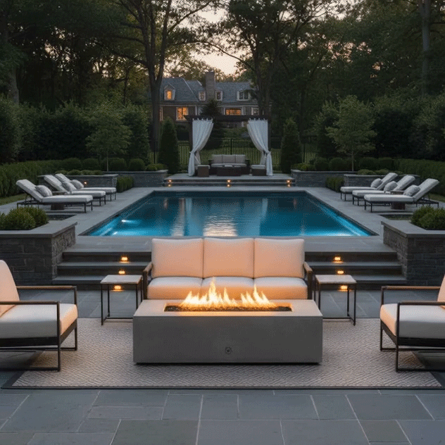 A grand poolside terrace features a white luxury fire pit surrounded by elegant sofas and armchairs. The setting is framed by a manicured lawn, pool house, and mature trees at sunset, creating a sophisticated backyard oasis. The warm glow of the outdoor fire pit anchors the family gathering fire pit area, seamlessly integrating with the estate's formal landscape design.