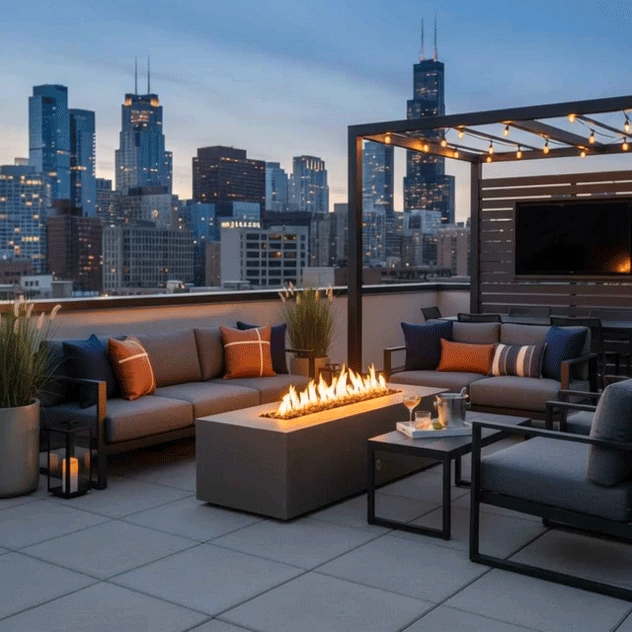 On a rooftop terrace overlooking a glowing city skyline at dusk, a taupe rectangular concrete fire pit burns with a bright line of flames between sleek gray sectionals and lounge chairs, surrounded by potted grasses, lanterns, and string lights, creating an outdoor fire pit that doubles as a slim modern rectangular fire pit, anchoring the seating area for relaxed cocktails and casual outdoor entertaining high above the streets.