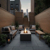In a narrow urban courtyard lined with horizontal wooden fencing, a compact rectangular concrete fire pit glows at the center of gray cushioned sofas and armchairs on dark stone pavers, with potted plants, a simple wooden bench, and lanterns tucked into the corners, forming a patio fire pit that reads as a cozy backyard fire pit and small rectangular fire pit perfectly scaled for an intimate city retreat.