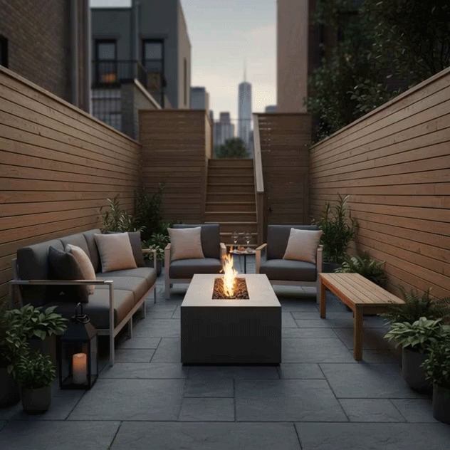 In a narrow urban courtyard lined with horizontal wooden fencing, a compact rectangular concrete fire pit glows at the center of gray cushioned sofas and armchairs on dark stone pavers, with potted plants, a simple wooden bench, and lanterns tucked into the corners, forming a patio fire pit that reads as a cozy backyard fire pit and small rectangular fire pit perfectly scaled for an intimate city retreat.